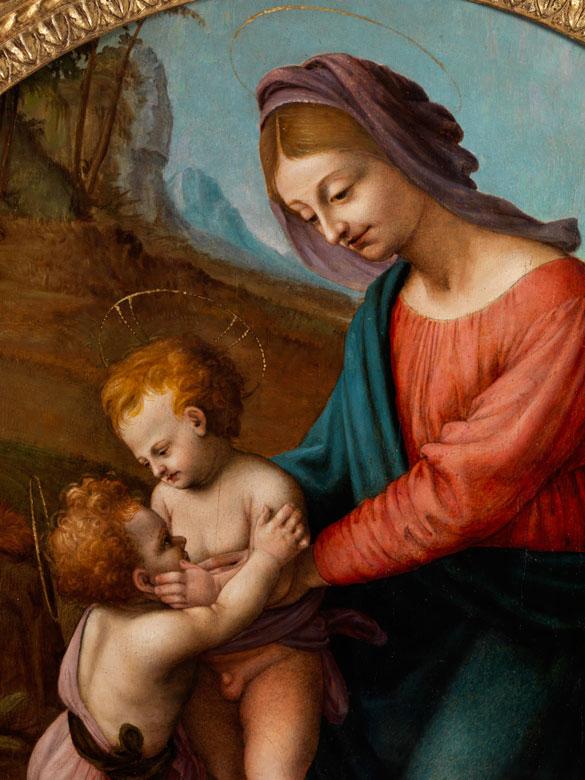 592 Piero di Cosimo, 1462 Florenz - 1521  MADONNA MIT KIND UND DEM JOHANNESKNABEN Öl auf Holz. Durchmesser: 91,5 cm. Gerahmt.  Schätzpreis: € 500.000 - 800.000