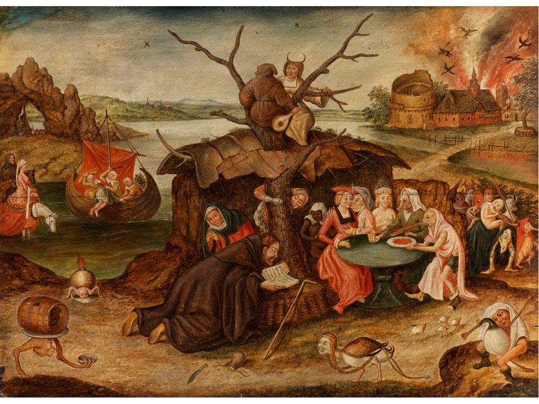 598 Pieter Brueghel der Jüngere, um 1564 Brüssel - 1637 Antwerpen  VERSUCHUNG DES HEILIGEN ANTONIUS Öl auf Holz. 49 x 65 cm. Gerahmt.  Schätzpreis: € 400.000 - 600.000