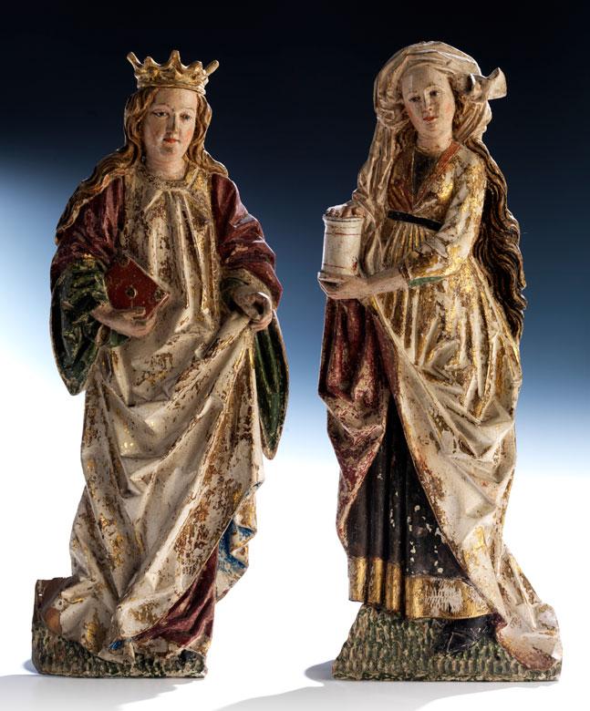 147 Hans Klocker, tätig um 1478 - 1500  Paar Hochrelief-Figuren WEIBLICHE HEILIGE und HEILIGE MARIA MAGDALENA Höhe: 39,5 bzw. 40 cm.  Schätzpreis: € 55.000 - 65.000