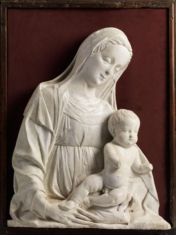 152 Giovanni Antonio Amadeo,  1447 Pavia - 1522 Mailand MADONNA MIT KIND, UM 1470 58 x 46 cm.  Rahmenmaß: 71 x 53,5 cm.  Schätzpreis: € 100.000 - 150.000