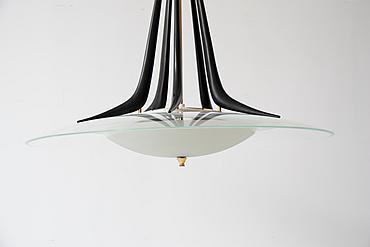 Galerie Anne Autegarden  important chandelier with large glass cup , structure in black metal and brass Max Ingrand , manufactured by Fontana Arte Italy circa 1955-60