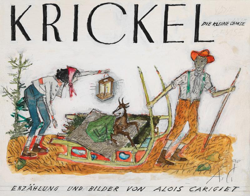 Alois Carigiet, «Krickel», ca. 1970. Entwurf zu einem weiteren Bilderbuch. Nur das Umschlagbild und die erste Szene sind farbig ausgeführt. Carigiet bricht die Arbeit 1970 ab, signiert das Cover und verkauft den Entwurf. Leihgabe: Privatbesitz. Foto: SNM. © Alois Carigiet Erben