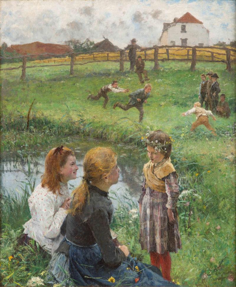 Evariste Carpentier (1845 - 1922 )  Games Around The Small Pond  Oil on canvas: 73 x 60.5 cm / 28.7 x 23.8 ins  Signed lower right   Berko Fine Paintings