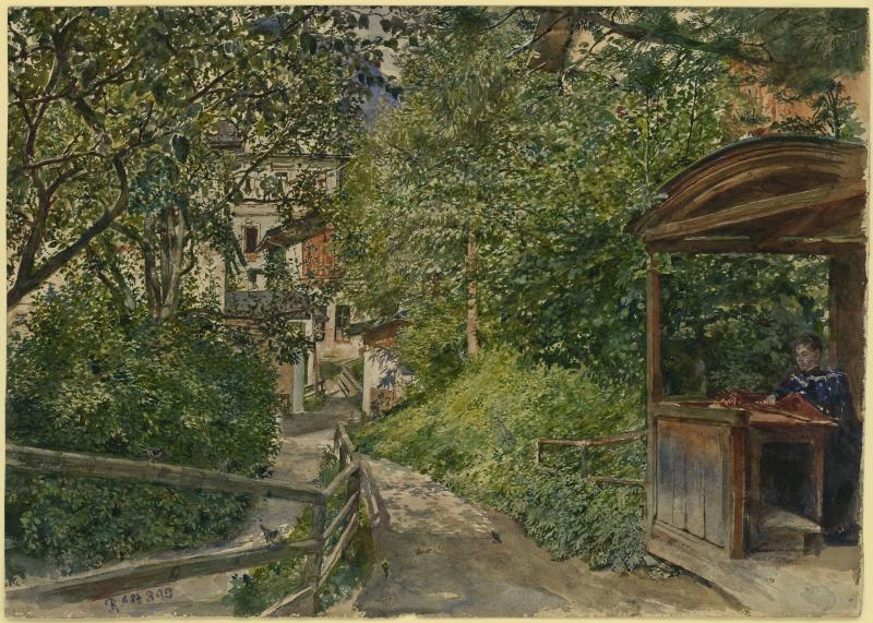 Rudolf von Alt (1812-1905), Bad Gastein, Garten der Familie Alt (rechts in der Laube Louise Alt), 1890, Aquarell, 276 x 387 mm  © Staatliche Graphische Sammlung Munich