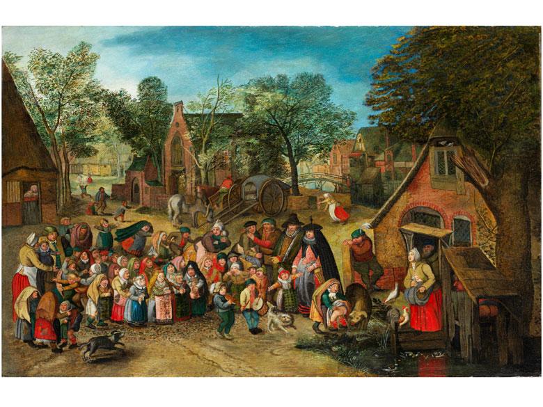 397 † Pieter Brueghel d. J., 1564 Brüssel - 1637 Antwerpen  Die Pfingstbraut Öl auf Holz. Parkettiert. 50,8 x 77,8 cm. ... » Details  Schätzpreis: € 200.000 - 300.000