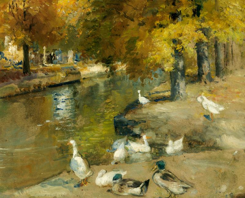 Marie Egner (1850 – 1940) Gänse und Enten am Fussufer Öl auf Karton 23,5 x 29,5 cm Rückseitig Stempel der VBKÖ Abgebildet im W.v.M.S./R.F.Band II Seite 388 Ausgestellt: Neue Galerie am Landesmuseum Graz 1979   Zur Verfügung gestellt von: Antiquitäten Kunsthandel Freller