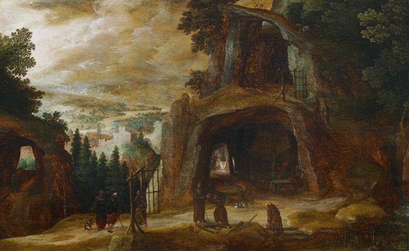 Lot 36 Josse de Momper Landschaft mit Mönchen vor einer Felsengrotte, Schätzpreis: € 18.000 - € 22.000