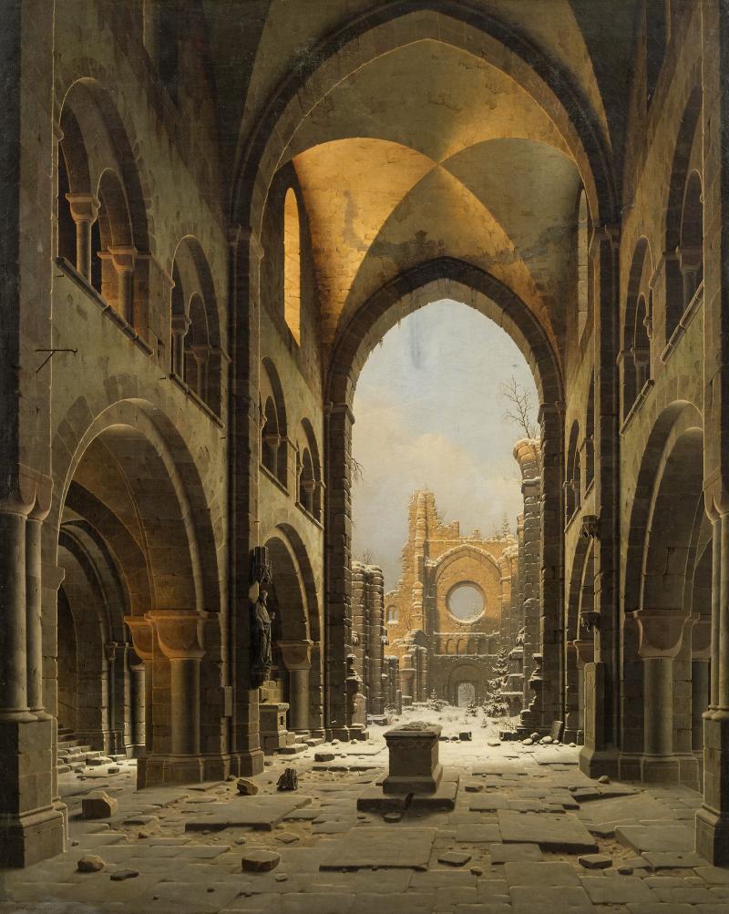 Carl Georg Adolf Hasenpflug, Kirchenruine in Halberstadt im Winter, 1843, Öl auf Leinwand; 131 × 105 cm, € 15.000-30.000