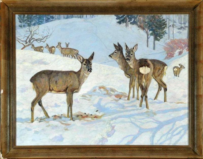 Hoess, Eugen Ludwig, 1866 Immenstadt - 1955 Langenwang Öl/Lwd, 70 x 90 cm, " Rehe auf verschneiter Waldlichtung ", Mindestpreis: 	1.500 EUR