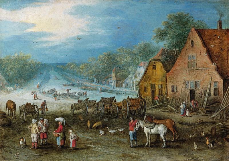 Lot Nr. 35  Jan Brueghel I.  (Brüssel 1568–1625 Antwerpen)  Kanallandschaft mit zwei am Ufer gelegenen Werkstätten,  Öl auf Kupfer, 17,5 x 22,5 cm   erzielter Preis € 369.000