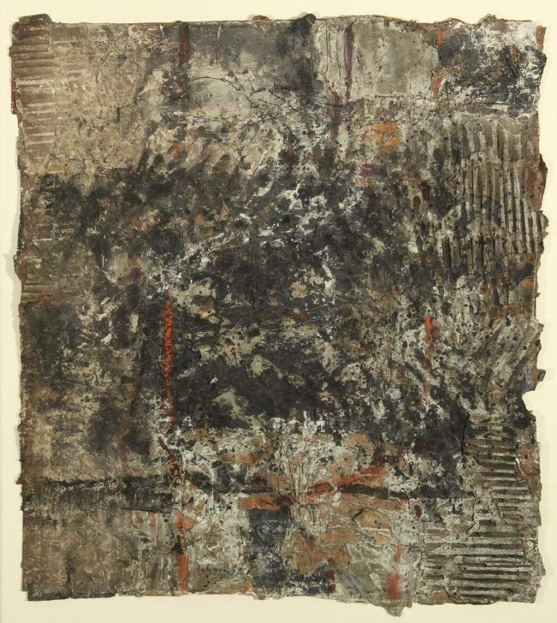 Dahmen, Karl Fred (1917 Stolberg - 1981 Preinersdorf, Studium an der Kunstgewerbeschule Aachen, ab 1867 Professor an der KA München, Maler und Grafiker), Mischtechnik, mit Collage, auf Karton, "Ohne Titel", Mindestpreis: 	1.500 EUR