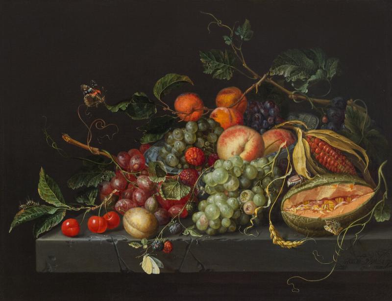 Jacob van Walscapelle, Früchtestillleben mit Schmetterlingen, um 1670, Öl auf Leinwand; 46,5 × 61 cm, Kaufpreis € 126.000 (inkl. Aufgeld)