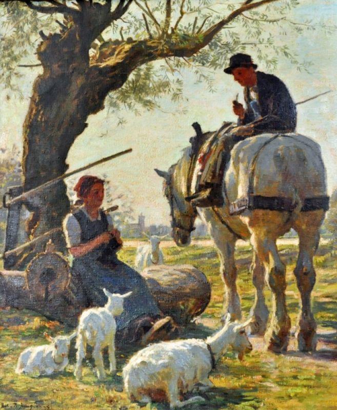 JUNGHANNS Julius Paul (1876-1958/Wien-Düsseldorf) "Ziegenhirtin und junger Bauer auf Pferd" Stadtsilhouette im Hintergrund der idyllischen Szene. Öl/Lwd. 60x48cm, sign. R. Mindestpreis:	1.200 EUR