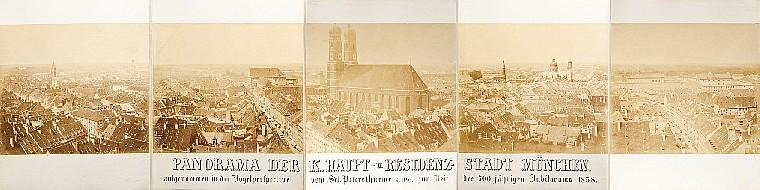 2642: BÖTTGER – MÜNCHEN -  "Panorama der K. Haupt. – u. Residenz-Stadt München. Aufgenommen in der Vogelperspective vom Sct. Petersthurme aus, zur Zeit des 700jährigen Jubilaeums 1858". Photographie, aus 11 Bildern zusammengesetzt, von G. Böttger. (München) 1858. Je ca. 35 x 40,5 cm (Gesamtgr.: 35 x 448 cm). – Auf Orig.-Trägerkarton mont. (je 53 x 41 cm), gefalt. in läd. Hlwd.-Kassette d. Zt. (6)  Schätzpreis: 2.500,- € Ergebnis: 4.500,- €  Details