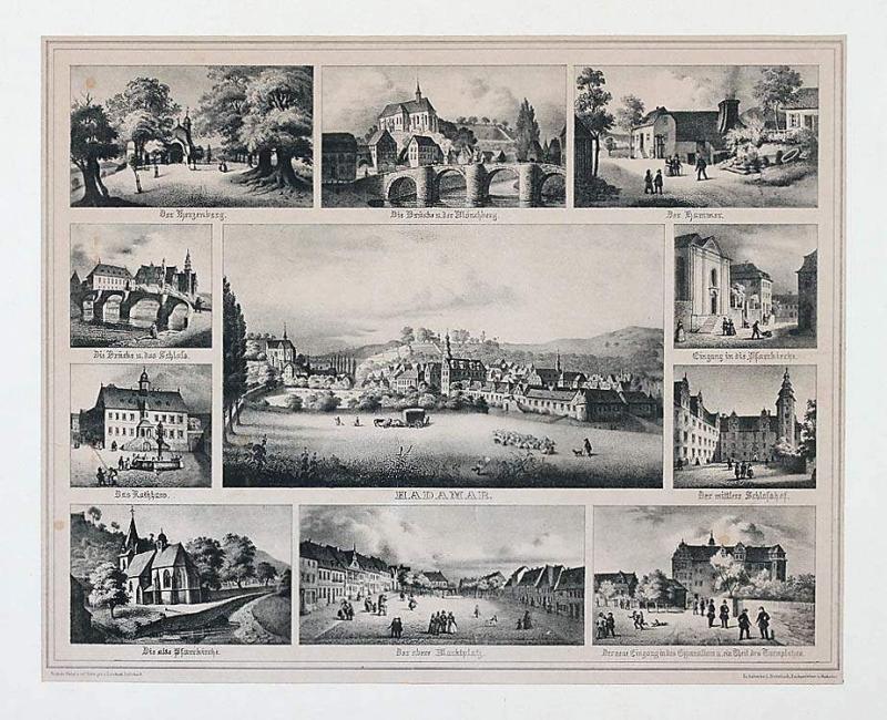 Lithografie 19. Jh.. Ansichten von Hadamar. Um das Zentralbild zehn Ansichten von historischen Bauten der Stadt. Zuschlagspreis:	500 EUR