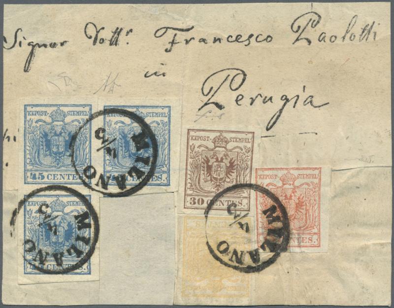 Los 11081 Österreich / Lombardei-Venetien 1850: 5c yellow, 15c red, 30c brown second type, 45c blue second type bloc of three, all tied by "MILANO 4.3" cds on large piece showing the complete printed address "Signor Dottr. Francesco Paolotti in Perugia".