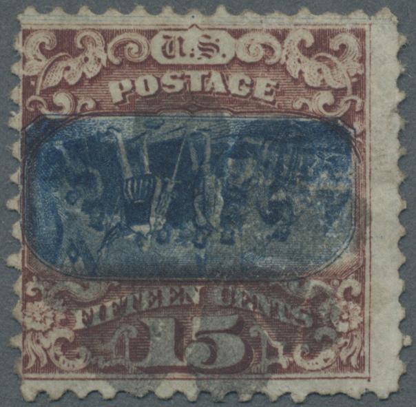 Los 6997 Vereinigte Staaten von Amerika 1869 15c. brown & blue with INVERTED CENTER, used with cork cancel, small imperfections (tiny breaks in grill at right, small corner crease), but still A FINE EXAMPLE OF THIS RARITY. Phil. Found. certificates (1962, 2006). Ausruf. 14.000