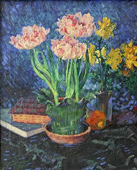 KÖNIG, ALBERT (1881-1944): Stillleben mit Tulpen und Narzissen. Öl/Lwd. (min. Alterssp.), mitt. li. sign., 60x48 cm, gerahmt (besch.) Foto 860025.jpg