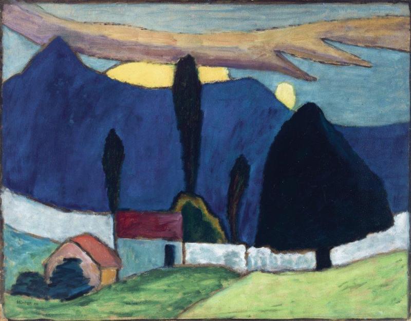 Gabriele Münter, Landschaft mit weißer Mauer, Öl auf Pappe, 1910