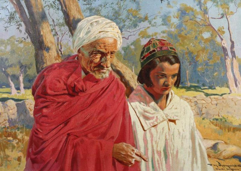 Prof. Feliks Michal Wygrzywalski, Orientalische Szene Blick in lichtdurchflutete orientalische Landschaft mit altem Mann in roter Toga und weißem Turban, seinem demütig zu Boden blickenden Enkel lehrend, Mindestpreis: 	3.000 EUR