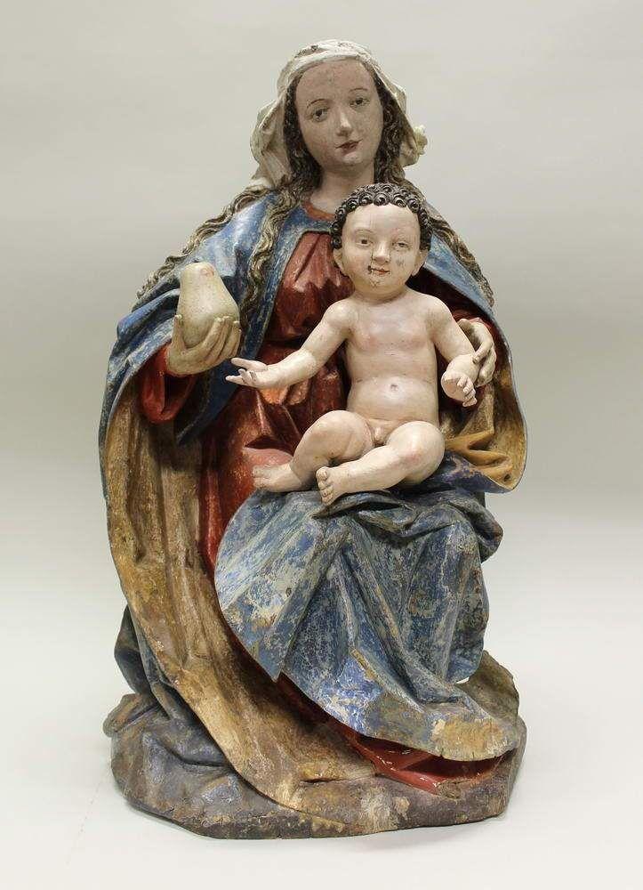 Skulptur, Holz geschnitzt, "Thronende Madonna mit Jesuskind und Birne", Mindestpreis:	3.500 EUR