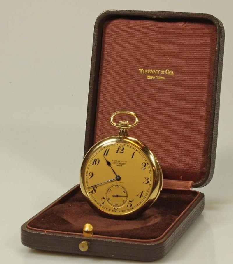 Herrentaschenuhr, Patek Philippe für Tiffany & Co., um 1915/16, GG 750, Werk- und Gehäuse-Nr. 174593, Minutenrepetition, goldfarbenes Zifferblatt, arabische Ziffern, Zuschlagspreis:	12.000 EUR