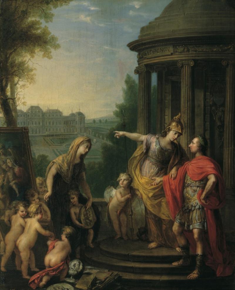 Vinzenz Fischer, Allegorie auf die Übertragung der kaiserlichen Galerie in das Belvedere, 1781 Belvedere, Wien © Belvedere, Wien, Foto: © Belvedere, Wien Öl auf Leinwand 57 x 47 cm