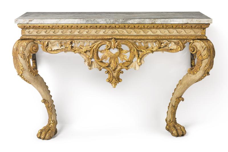 358 A GEORGE II WHITE-PAINTED AND PARCEL-GILT CONSOLE TABLE IN THE MANNER OF WILLIAM JONES, CIRCA 1740, 50,000 - 80,000 USD