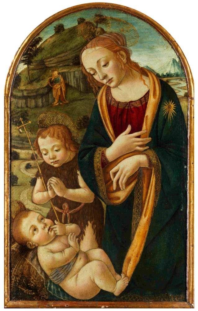 Florentinischer Meister, Kreis des Filippo Lippi 1406 - 1469 MADONNA IN ANBETUNG DES JESUSKINDES MIT DEM JUNGEN HEILIGEN JOHANNES UND HEILIGEN JOSEPH IM HINTERGRUND, UM 1470 Öl auf gebogenem Holz. 69 x 42 cm. Schätzpreis:	70.000 - 100.000 EUR