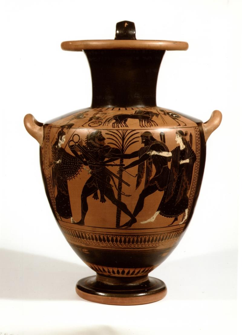 Hydria mit  Darstellung „ Heracles mit Apoll im Streit um  den delphischen Dreifuß “ Fundort unbekannt, u m 510 v. Chr. Landesmuseum Württemberg, Stuttgart © H. Zwietasch;  Landesmuseum Württemberg,  Stuttgart