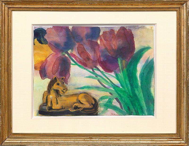 Emil Nolde (1867 Nolde - 1956 Seebüll) Stilleben mit Tulpen und gelbem Pferd, Mindestpreis:	48.000 EUR