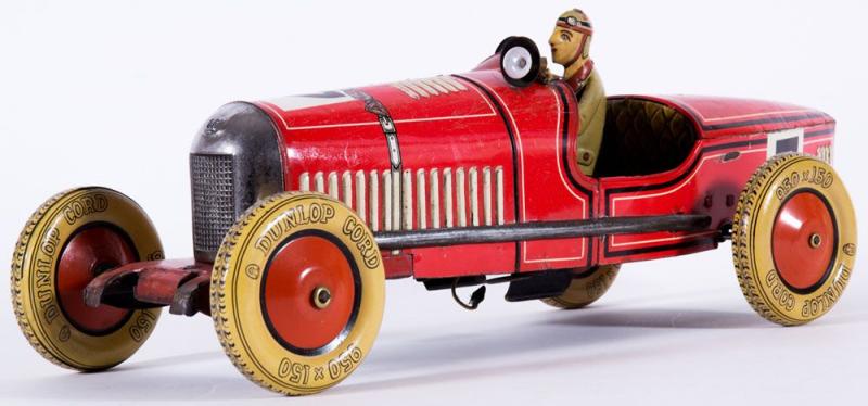 Roter Rennwagen Tipp & Co. Um 1930. Länge ca. 49 cm. Uhrwerksantrieb funktionstüchtig, Mindestpreis:	1.800 EUR