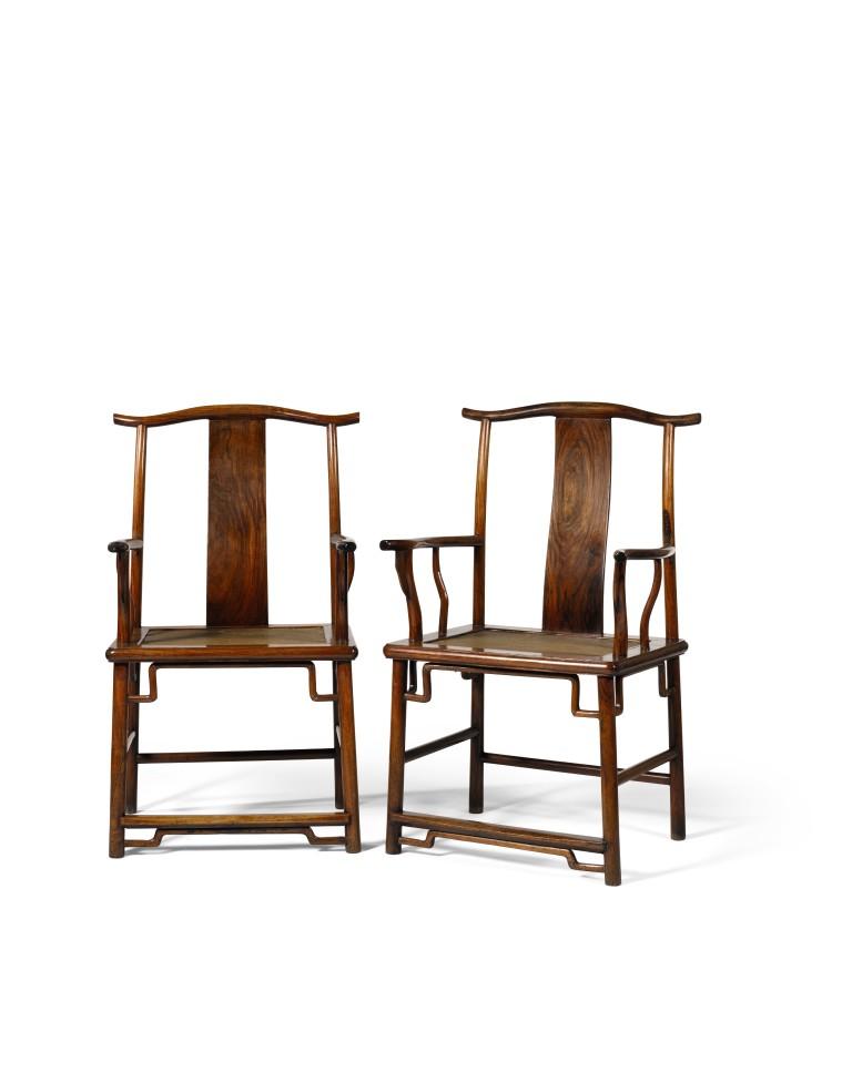 Lot 39 Pair of Huanghuali Official s Hat Yokeback Armchairs