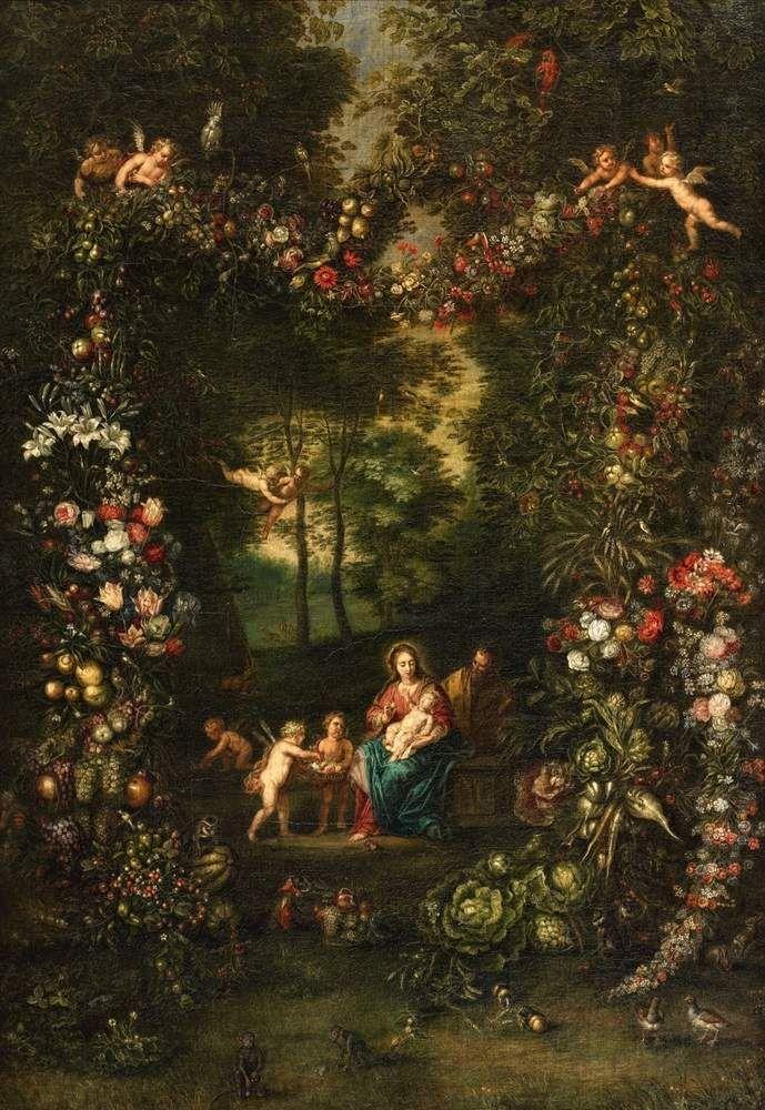 Jan Brueghel d. Ä., Werkstatt Fruchtgirlande mit Heiliger Familie Öl auf Leinwand (doubliert). 104,5 x 74,5 cm. Schätzpreis:	70.000 - 80.000 EUR