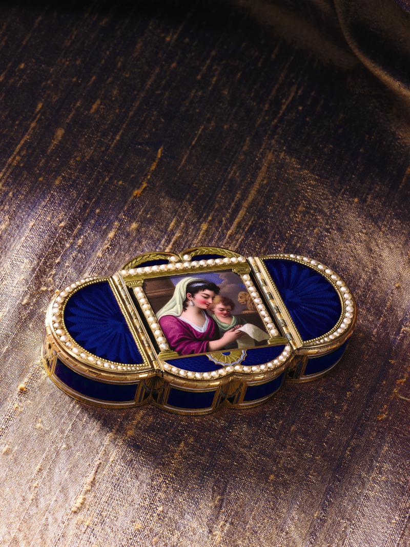 Lot 86 The Mother and Child A Rare and Unusual Three Compartment Gold Enamel and Pearl Automaton Snuff Box with Timepiece Made for the Chinese Market Automaton Attributed to Piguet & Capt, Geneva Circa 1810 Estimate $200,000-300,000