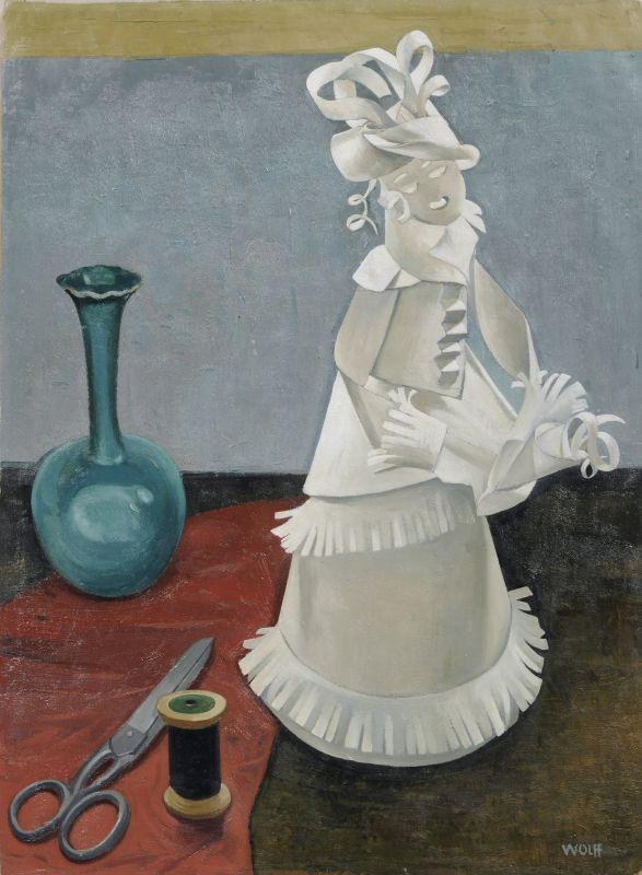 129  Willy Wolff, Stilleben mit Papierpuppe. Wohl 1952. 49,3 x 36,4 cm, Ra. 65,5 x 50 cm.			7000 €