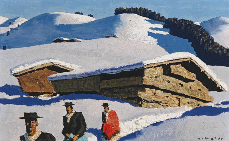 Kat. Nr. 435 Alfons Walde (Oberndorf 1891-1958 Kitzbühel)  "Bergbauern bei Kitzbühel", Öl/Karton, 32,5 x 51,5 cm  erzielter Preis € 295.800