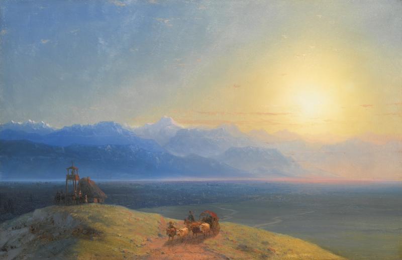 IVAN AIVAZOVSKY VIEW OF THE CAUCASUS WITH MOUNT KAZBEK IN THE DISTANCE (1868), oil on canvas, 41 by 62.5cm, £80,000 - 120,000