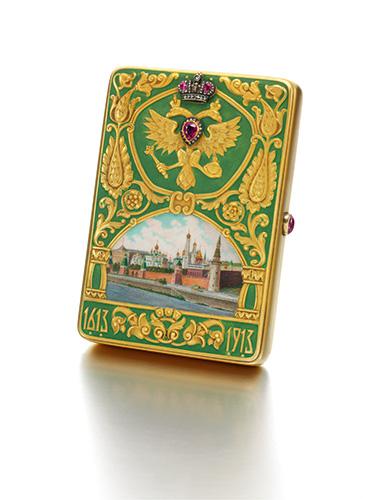 ￼A Rare And Magnificent Imperial Presentation Fabergé Jewelled Gold And Enamel Cigarette Case, made for the Romanov Tercentenary, Moscow, 1913. Given by Emperor Nicholas