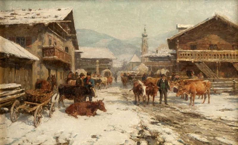 Stuhlmüller, Karl. 1859 - München - 1930 Winterlicher Viehmarkt in einem Ort im Dachauer Land.  Aufrufpreis: 	2.500 EUR