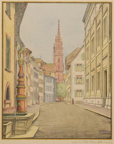 Niklaus Stoecklin  Augustinergasse mit Münster, 1939  Lithographie, aquarelliert, 46 x 37,5 cm LM Ref. U. 708