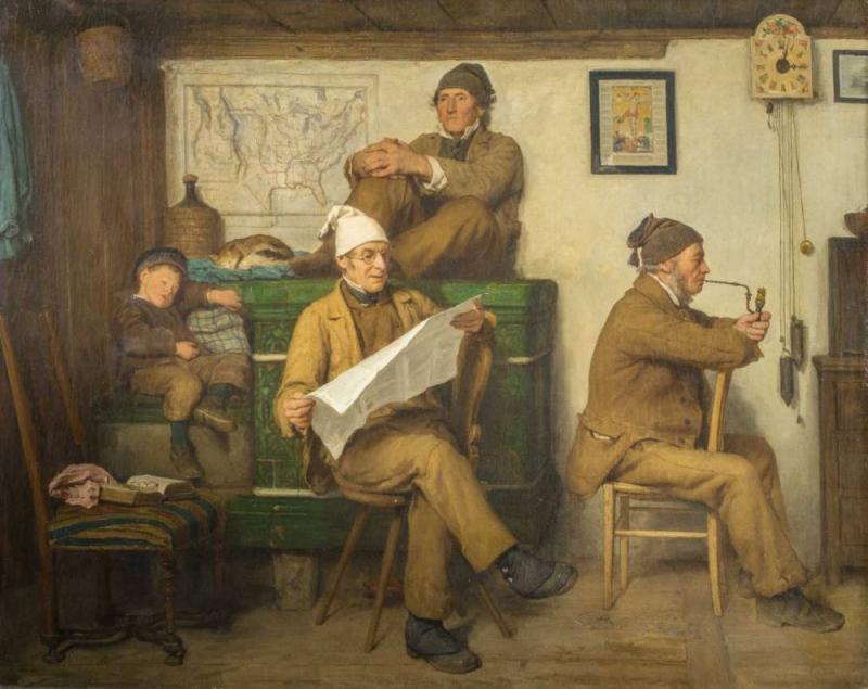 Albert Anker (1831 - 1910) Die Bauern und die Zeitung 1867 Öl auf Leinwand unten rechts signiert und datiert «Alb. Anker 1867» 64 x 80.5 cm. Schätzpreis:	800.000 - 1.200.000 CHF