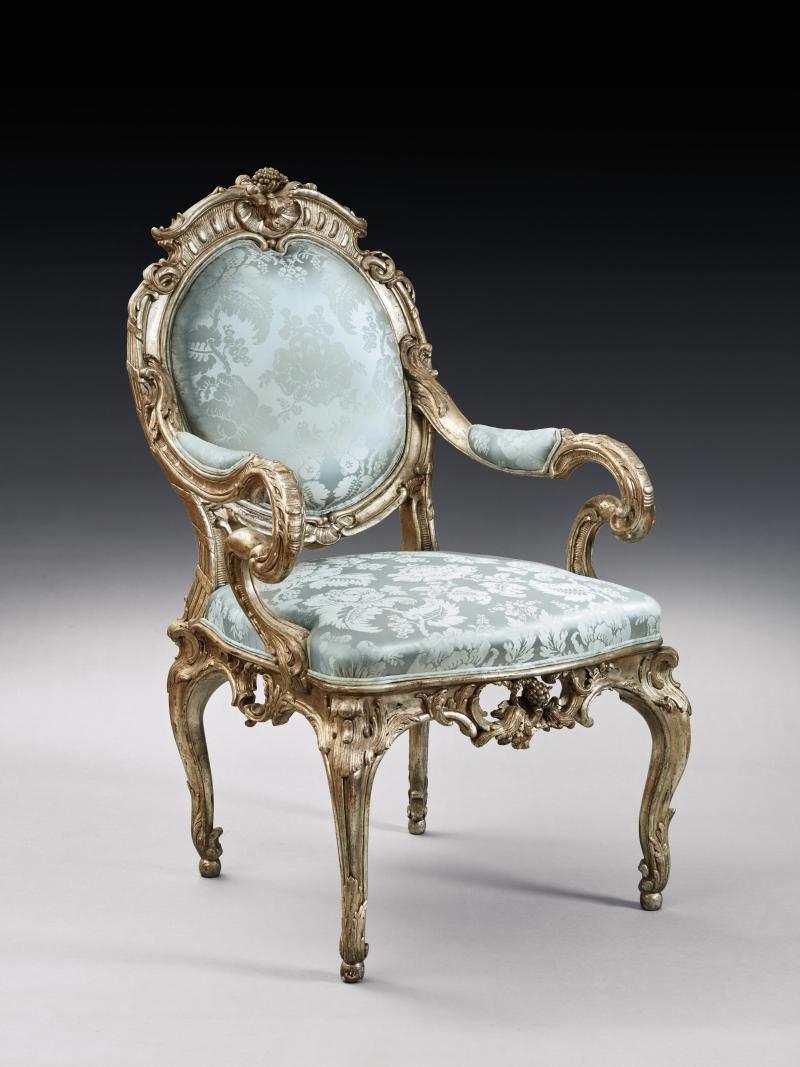 Lot 22 A CHAIR FOR FREDERICK THE GREAT A German rococo silvered armchair, attributed to Johann August Nahl, Potsdam, circa 1744-46 PROVENANCE By repute, commissioned by Frederick II of Prussia for Stadtschloss, Potsdam; European Private Collection. Est. £ 80,000-120,000