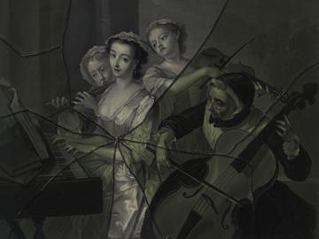 Francois-Xavier Vispré, Trompe-l'œil eines Mezzotinto-Blattes »Le Concert« nach Philippe Mercier unter einem zerbrochenen Glas, 1750-1790, MHK, Gemäldegalerie Alte Meister