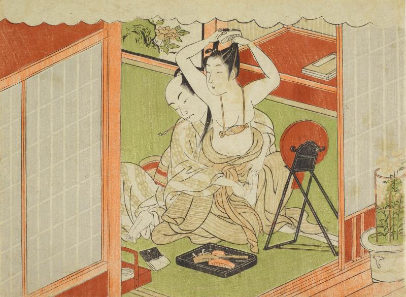 Suzuki Harunobu (ca. 1725–1770), Kyōdai no shūgetsu [Herbstmond auf dem Spiegelständer], 1766. Aus der Serie Furyu Zashiki Hakkei [Acht Ansichten von Interieurs]. Farbholzschnitt © Leopold Privatsammlung, Wien; Foto: MAK/Georg Mayer