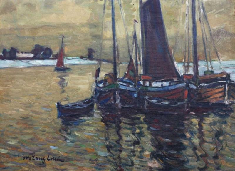 Lang-Wollin, Otto (1881 Kassel – 1958 San Remo) "Boote auf der Dievenow bei Wollin" , Aufrufpreis:	1.400 EUR