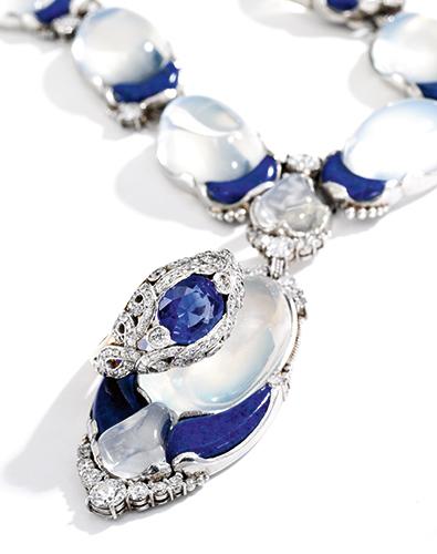 Property From a Private Collection<br> Platinum, Moonstone, Lapis Lazuli and Diamond Necklace, Tiffany &amp; Co., Designed by Louis Comfort Tiffany, <i>circa </i>1915<br> Estimate: 20,000 - 30,000 USD