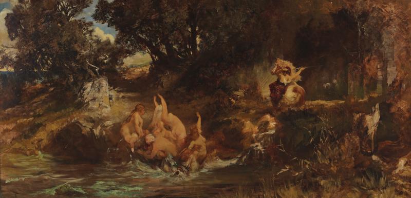 Hans Makart (Salzburg 1840 - 1884 Wien)  Die Nixen und der tiger, um 1872/73, signiert,  Öl auf Leinwand, 117 x 232 cm  erzielter Preis € 163.294