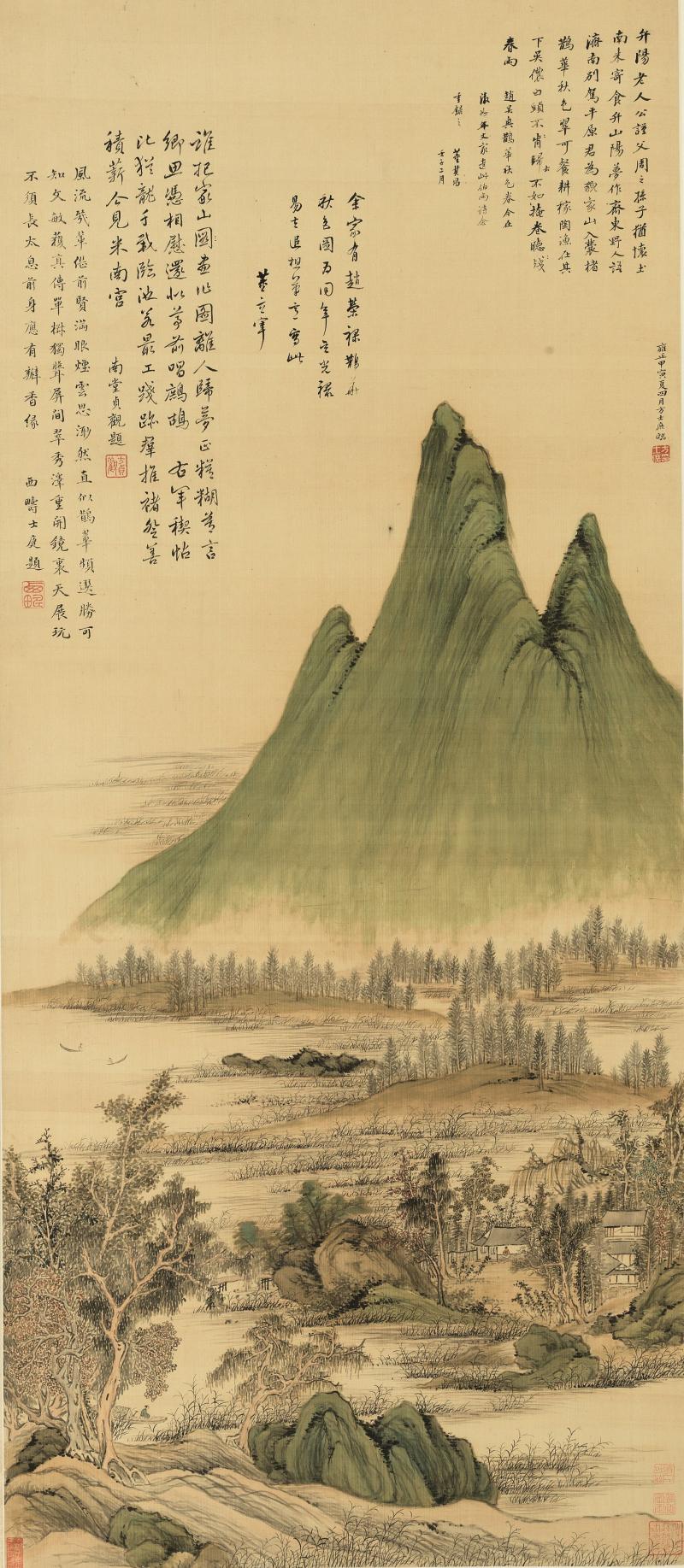 $1,330,000 (£1,005,671) $150,000 - 250,000 Asian Private Fang Shishu, The Autumn Colors On The Qiao And Hua Mountain Following Zhao Mengfu And Dong Qichang, ink and color on silk, hanging scroll