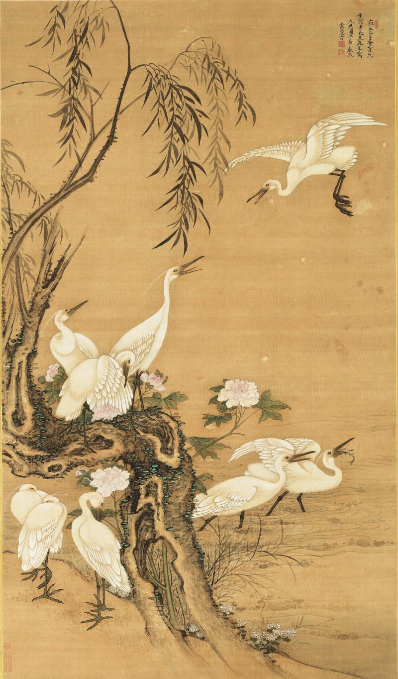 $550,000 (£415,879) $28,000 - 48,000 Asian Private Leng Mei, Nine White Egrets, ink and color on silk, hanging scroll RECORD FOR ARTIST AT AUCTION